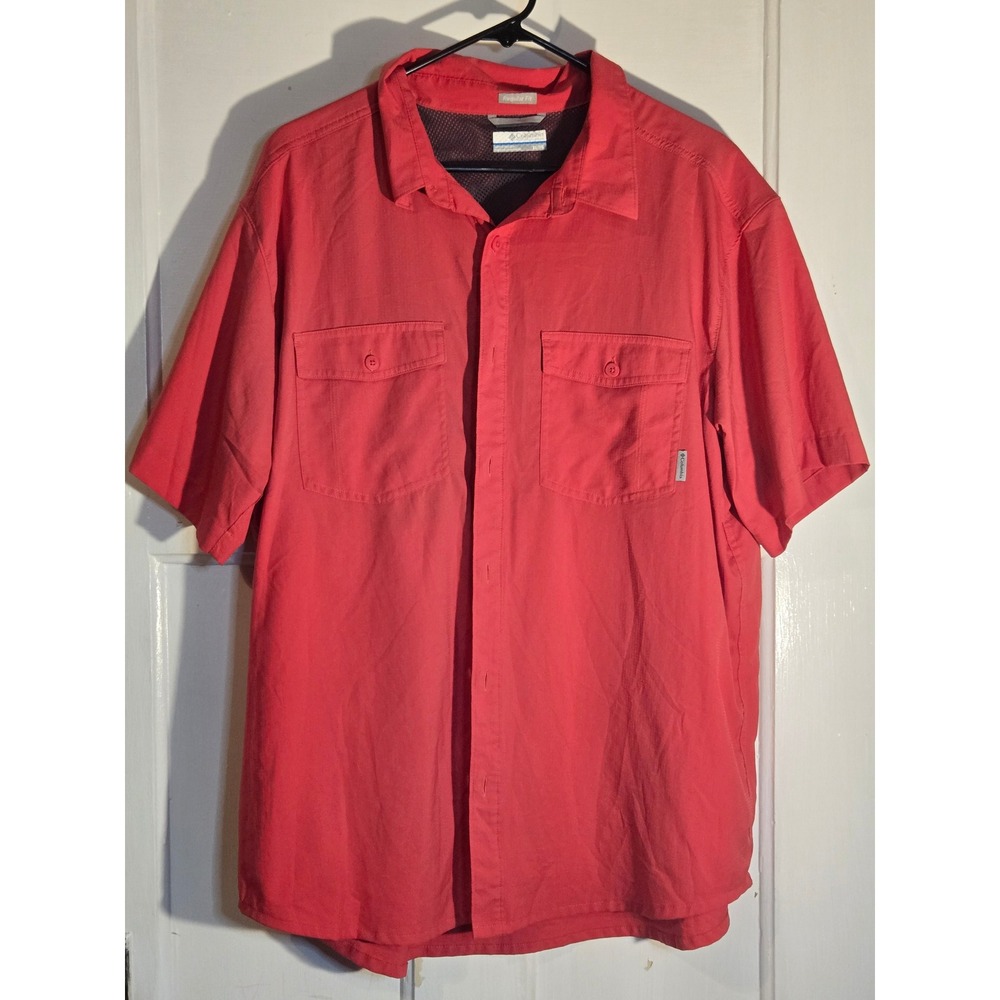 Columbia Mens XL Regular Fit Short Sleeve Button Down Shirt Coral Red Mesh Back